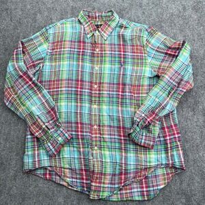 Ralph Lauren Shirt Mens XL Colorful Plaid 100% Linen Long‎ Sleeve Button Down